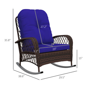 Outsunny Outdoor Wicker Rocking Chair with Wide Seat, Thickened Cushion, Rattan Rocker with Steel Frame for Patio, Garden, Backyard, Dark Blue