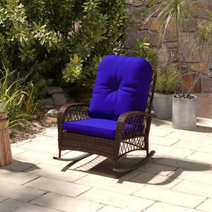 Outsunny Outdoor Wicker Rocking Chair with Wide Seat, Thickened Cushion, Rattan Rocker with Steel Frame for Patio, Garden, Backyard, Dark Blue