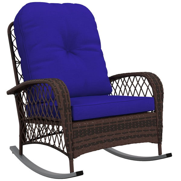 Outsunny Outdoor Wicker Rocking Chair with Wide Seat, Thickened Cushion, Rattan Rocker with Steel Frame for Patio, Garden, Backyard, Dark Blue