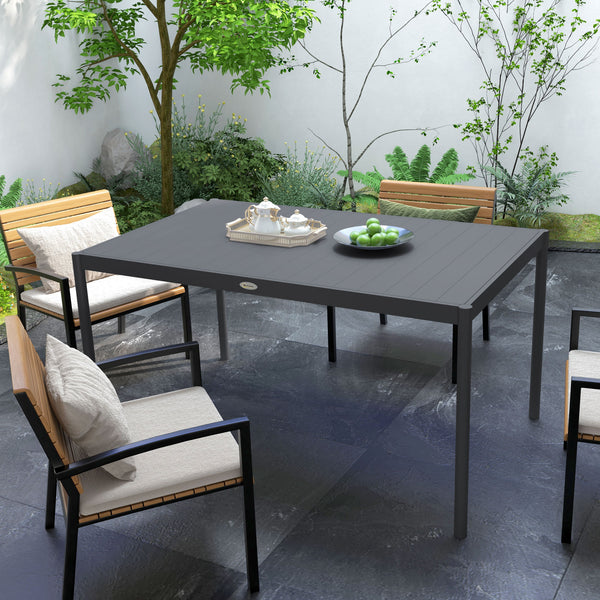 145cm Garden Table, Rectangle Outdoor Dining Table for 6 People, with Slatted Aluminium Top and Steel Legs, for Lawn, Balcony, Dark Grey