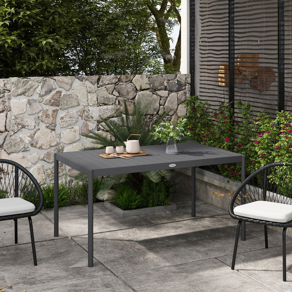 145cm Garden Table, Rectangle Outdoor Dining Table for 6 People, with Slatted Aluminium Top and Steel Legs, for Lawn, Balcony, Dark Grey