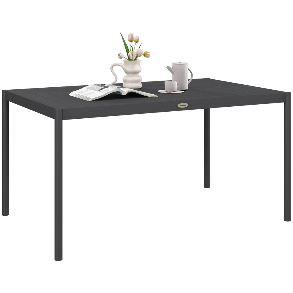 145cm Garden Table, Rectangle Outdoor Dining Table for 6 People, with Slatted Aluminium Top and Steel Legs, for Lawn, Balcony, Dark Grey
