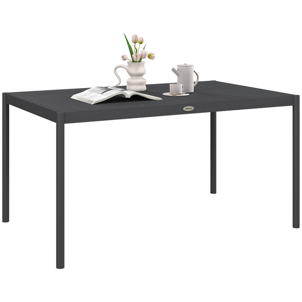 145cm Garden Table, Rectangle Outdoor Dining Table for 6 People, with Slatted Aluminium Top and Steel Legs, for Lawn, Balcony, Dark Grey