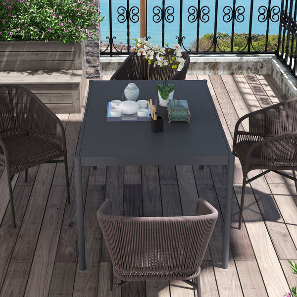 145cm Garden Table, Rectangle Outdoor Dining Table for 6 People, with Slatted Aluminium Top and Steel Legs, for Lawn, Balcony, Dark Grey
