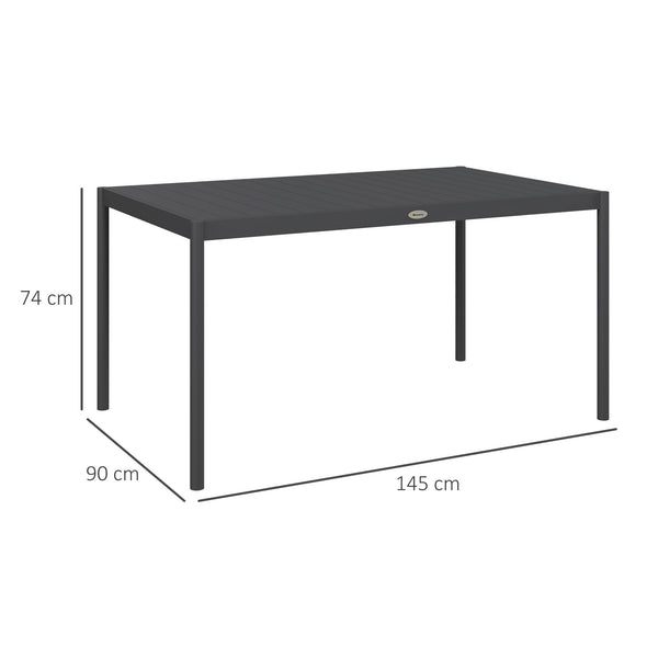 145cm Garden Table, Rectangle Outdoor Dining Table for 6 People, with Slatted Aluminium Top and Steel Legs, for Lawn, Balcony, Dark Grey