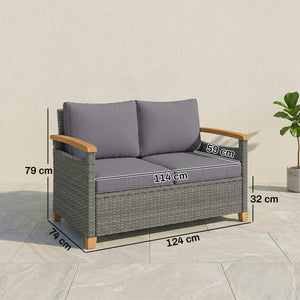 2 Seater Rattan Garden Sofa, Outdoor Sofa with Thickened Cushions and Acacia Wood Armrests, All Weather Small Rattan Garden Furniture Loveseat for Patio, Balcony, Porch, Dark Grey