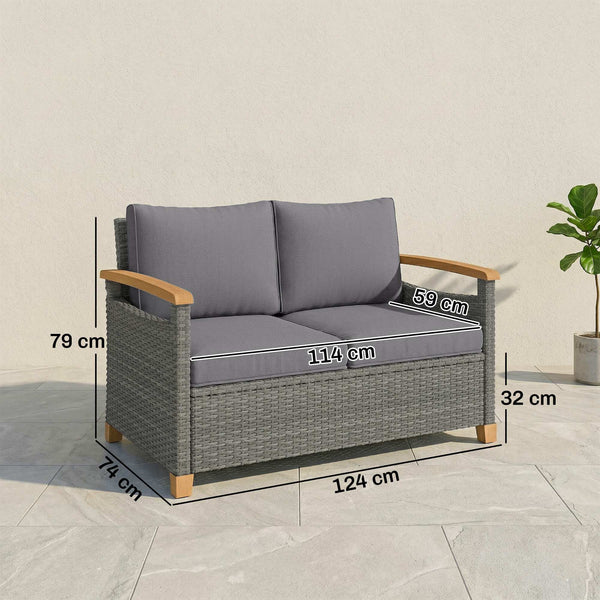 2 Seater Rattan Garden Sofa, Outdoor Sofa with Thickened Cushions and Acacia Wood Armrests, All Weather Small Rattan Garden Furniture Loveseat for Patio, Balcony, Porch, Dark Grey