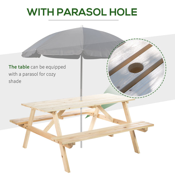 6 Seater Wooden Picnic Table Bench for Outdoor Garden or Patio with Parasol Cutout 150 cm Natural Wood Finish