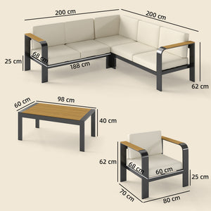 3 Pieces Garden Furniture Set with L-Shaped Sofa, Armchair and Coffee Table, Aluminium Garden Corner Sofa Set with Olefin Seat & Back Cushions, Wood Plastic Tabletop and Armrests, Beige