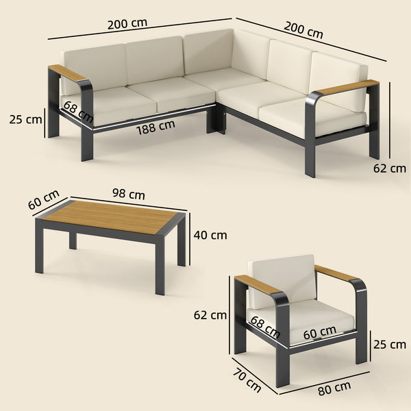 3 Pieces Garden Furniture Set with L-Shaped Sofa, Armchair and Coffee Table, Aluminium Garden Corner Sofa Set with Olefin Seat & Back Cushions, Wood Plastic Tabletop and Armrests, Beige