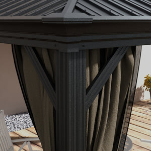 10' x 10' Hardtop Gazebo with Curtains and Netting, Permanent Pavilion Metal Double Roof Gazebo Canopy with Aluminum Frame and Hooks, for Garden, Patio, Backyard, Dark Brown