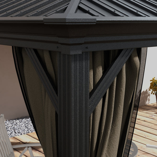 10' x 10' Hardtop Gazebo with Curtains and Netting, Permanent Pavilion Metal Double Roof Gazebo Canopy with Aluminum Frame and Hooks, for Garden, Patio, Backyard, Dark Brown