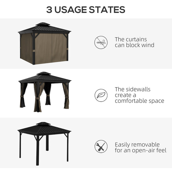 10' x 10' Hardtop Gazebo with Curtains and Netting, Permanent Pavilion Metal Double Roof Gazebo Canopy with Aluminum Frame and Hooks, for Garden, Patio, Backyard, Dark Brown