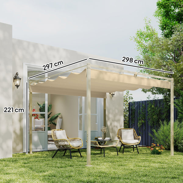 3 x 3(m) Garden Pergola with Retractable Roof and Magnetic Fixture, Outdoor Gazebo Pergola Kit Sun Shade Canopy, UPF30+, Khaki