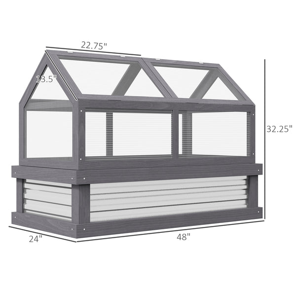 Outsunny Raised Garden Bed with Polycarbonate Greenhouse, Wooden Garden Cold Frame Greenhouse, Flower Planter Protection, 48" x 24" x 32", Gray