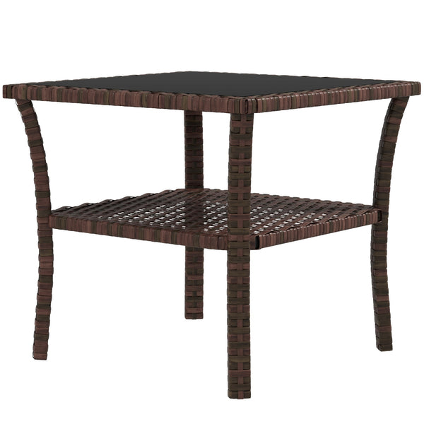 Outsunny Outdoor Wicker Coffee Table, Rattan Patio Furniture with 2-Tier Storage Shelf , Steel Frame Square, Side Table with Tempered Glass Top, Brown