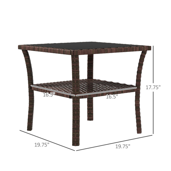 Outsunny Outdoor Wicker Coffee Table, Rattan Patio Furniture with 2-Tier Storage Shelf , Steel Frame Square, Side Table with Tempered Glass Top, Brown