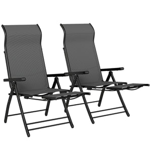 Folding Patio Chairs Set of 2, Reclining Outdoor Chair with 33.5" High Back, Retractable Footrest, 5-Position Outdoor Recliner Lounge Chairs for Lawn Yard Beach, Dark Grey