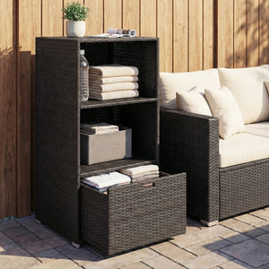 Valet Pool Towel Rack, Water-Resistant PE Plastic Rattan Wicker Storage Organizer, Indoor Outdoor Spa, and Hot Tub Accessory Storage, 2 Shelves, 1 Basket Drawer, Dark Brown