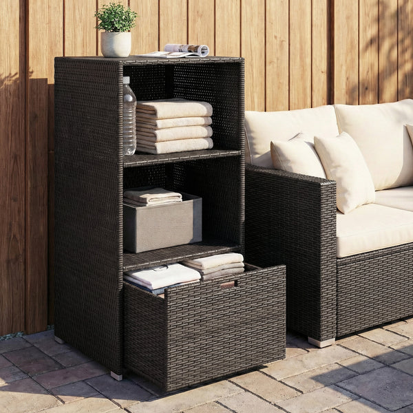 Valet Pool Towel Rack, Water-Resistant PE Plastic Rattan Wicker Storage Organizer, Indoor Outdoor Spa, and Hot Tub Accessory Storage, 2 Shelves, 1 Basket Drawer, Dark Brown