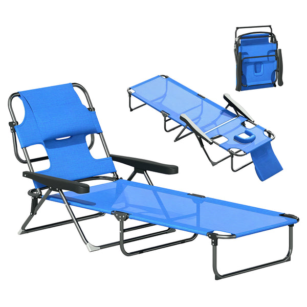 Folding Lounge Chair with 4-level Reclining Back, Outdoor Tanning Chair with Reading Hole, Outdoor Chaise Lounge Chair with Headrest, for Beach, Yard, Patio, Dark Blue