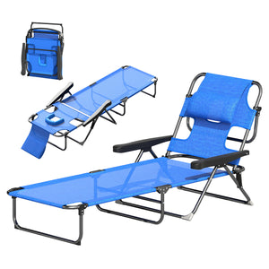 Folding Lounge Chair with 4-level Reclining Back, Outdoor Tanning Chair with Reading Hole, Outdoor Chaise Lounge Chair with Headrest, for Beach, Yard, Patio, Dark Blue