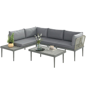 3 Piece L Shaped Rattan Garden Furniture Set, 4 Seater Wicker Outdoor Corner Sofa Set with 2 Loveseats, Wide and Deep Seating, Acacia Wood Top Coffee Table and Thick Cushions, Grey