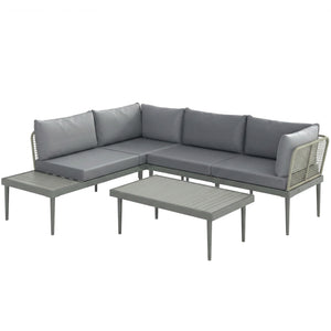 3 Piece L Shaped Rattan Garden Furniture Set, 4 Seater Wicker Outdoor Corner Sofa Set with 2 Loveseats, Wide and Deep Seating, Acacia Wood Top Coffee Table and Thick Cushions, Grey