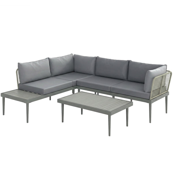 3 Piece L Shaped Rattan Garden Furniture Set, 4 Seater Wicker Outdoor Corner Sofa Set with 2 Loveseats, Wide and Deep Seating, Acacia Wood Top Coffee Table and Thick Cushions, Grey