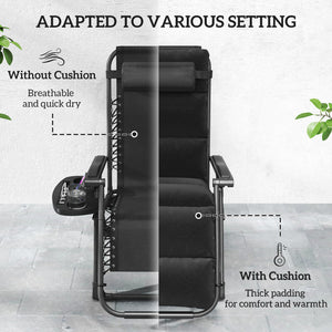Reclining Zero Gravity Chair with Adjustable Backrest, Folding Garden Sun Lounger with Removable Cushion, Headrest Cup Phone Holder Tray, Set of 2, Black