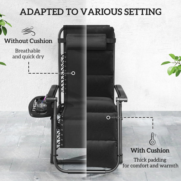 Reclining Zero Gravity Chair with Adjustable Backrest, Folding Garden Sun Lounger with Removable Cushion, Headrest Cup Phone Holder Tray, Set of 2, Black