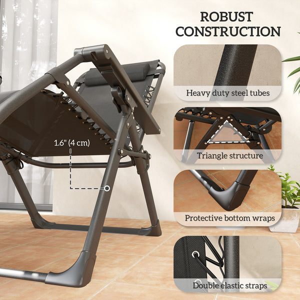 Reclining Zero Gravity Chair with Adjustable Backrest, Folding Garden Sun Lounger with Removable Cushion, Headrest Cup Phone Holder Tray, Set of 2, Black