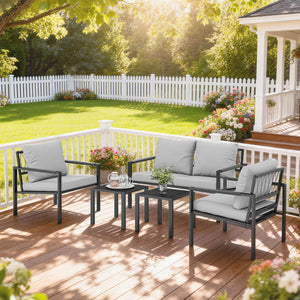 4 Seater Garden Furniture Set, 5 Piece Metal Garden Sofa Set with Thickened Cushions, Outdoor Patio Conversation Furniture with Loveseat, 2 Armchairs, 2 Coffee Tables for Balcony, Light Grey