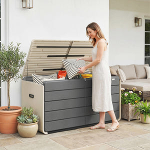 757 L Garden Storage Box, HDPE Deck Box with Wheels, Lockable Lid, Pneumatic Gas Rods and Side Handles, Outdoor Patio Storage Container for Garden Tools, Beige and Grey