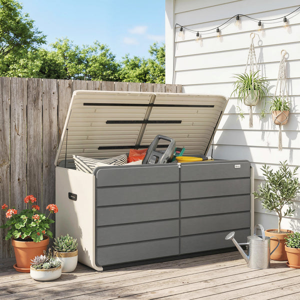 757 L Garden Storage Box, HDPE Deck Box with Wheels, Lockable Lid, Pneumatic Gas Rods and Side Handles, Outdoor Patio Storage Container for Garden Tools, Beige and Grey