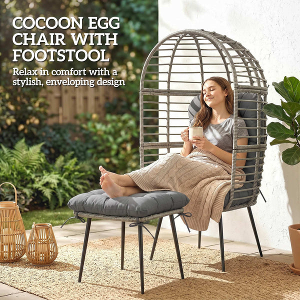 Standing Garden Egg Chair with Footstool, PE Rattan Outdoor Lounge Chair and Ottoman Set with Thick Cushions, Indoor Outdoor Egg Basket Seating for Patio Balcony Porch, Light Grey