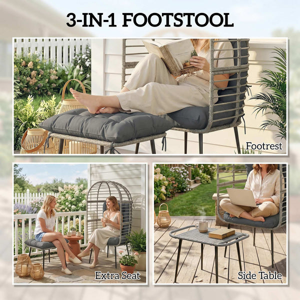 Standing Garden Egg Chair with Footstool, PE Rattan Outdoor Lounge Chair and Ottoman Set with Thick Cushions, Indoor Outdoor Egg Basket Seating for Patio Balcony Porch, Light Grey