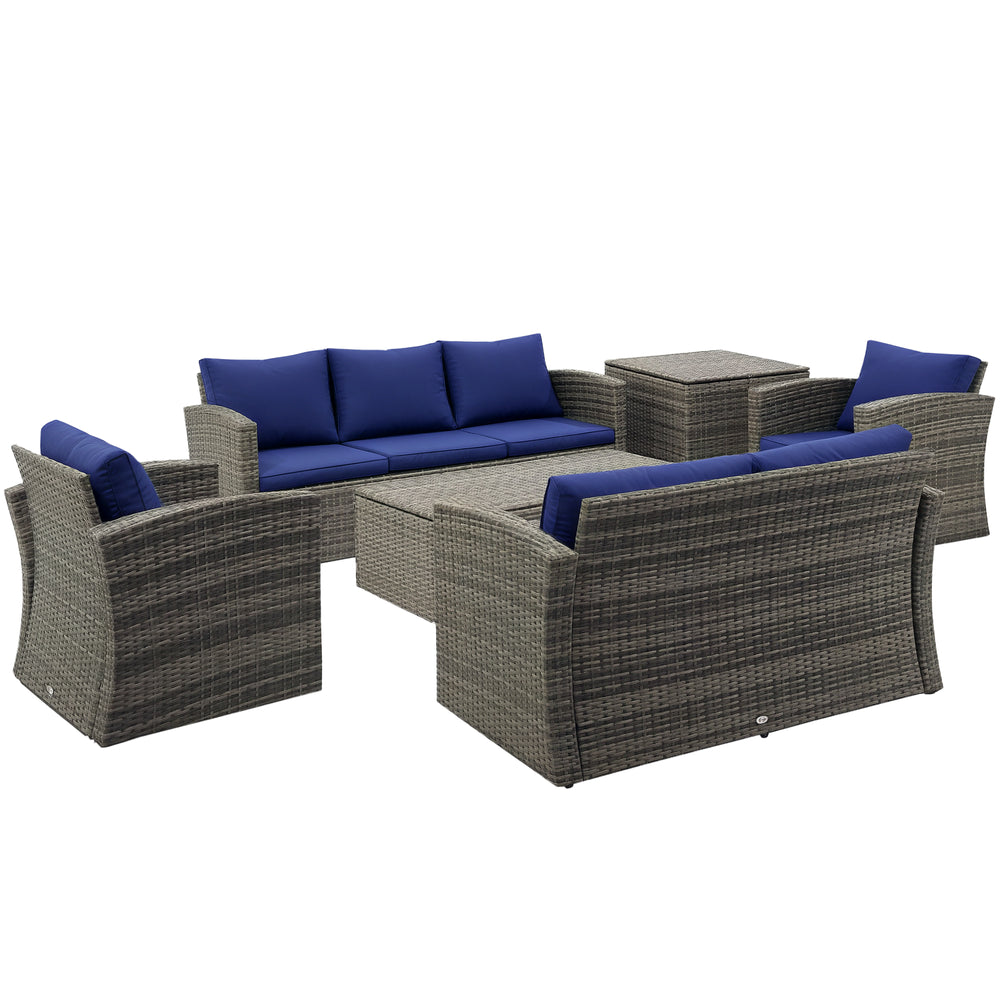 6 Pieces Wicker Patio Furniture Set with Cushions, 7-Seater Rattan Patio Sofa Set with Storage Coffee Table & Side Table, Sectional Outdoor Furniture Set, Navy Blue