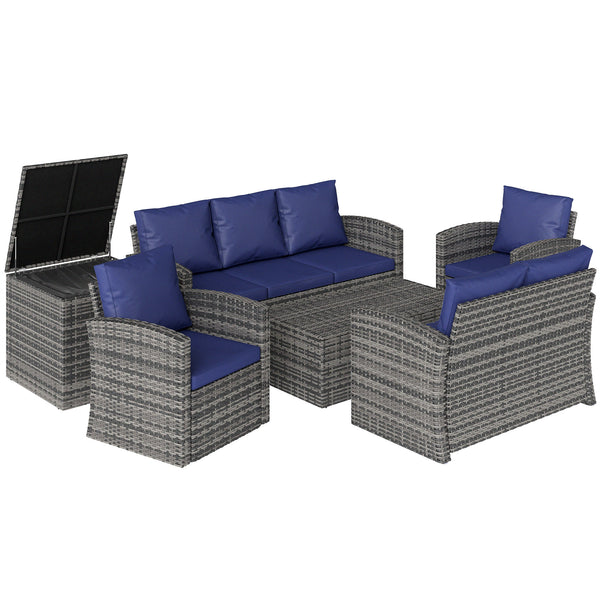 6 Pieces Wicker Patio Furniture Set with Cushions, 7-Seater Rattan Patio Sofa Set with Storage Coffee Table & Side Table, Sectional Outdoor Furniture Set, Navy Blue