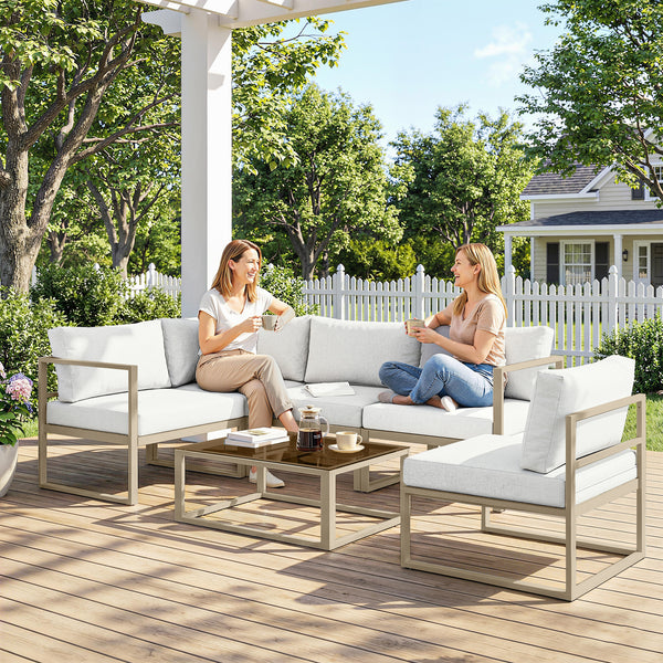 6 Seater Aluminium Garden Furniture Set, Extra Deep Garden Sofa Set with Coffee Table and Thick Cushions, Furniture Conversation Sets for Patio and Balcony, Outdoor, White
