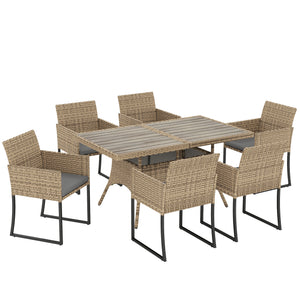 7 Piece Rattan Garden Furniture Set, Garden Dining Set with Wood-Plastic Table and 6 Stackable Chairs, Rattan Table and Chairs with 6 Cushions for Patio Terrace, Dark Grey