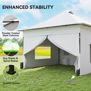 12 x 12 ft Pop Up Canopy Tent with Peak Top, UPF 50+ 420D Fabric, Outdoor Instant Portable Canopy Shelter with Sidewalls, Side Pockets, Wheeled Carry Bag, Sandbags, Silver