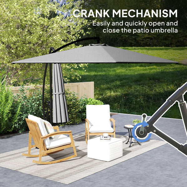 Patio Offset Umbrella UPF 50+ UV Protection, Water-Resistant, Crank Parasol with Base, Cover & Wind Securing, Tiltable Garden Umbrella for Balcony & Patio, Grey