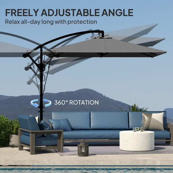 Patio Offset Umbrella UPF 50+ UV Protection, Water-Resistant, Crank Parasol with Base, Cover & Wind Securing, Tiltable Garden Umbrella for Balcony & Patio, Grey
