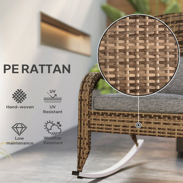 Outdoor Wicker Adirondack Rocking Chair, Patio Rattan Rocker Chair with High Back, Seat Cushion and Pillow for Garden, Porch, Balcony, Grey/Mixed Yellow