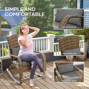 Outdoor Wicker Adirondack Rocking Chair, Patio Rattan Rocker Chair with High Back, Seat Cushion and Pillow for Garden, Porch, Balcony, Grey/Mixed Yellow