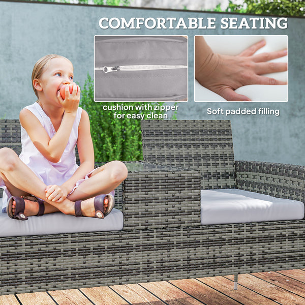2 Seat Rattan Garden Bench, Patio Wicker Chair with Glass Tea Table, Outdoor Love Seat with Padded Cushions, for Garden, Porch, Charcoal Grey/Grey