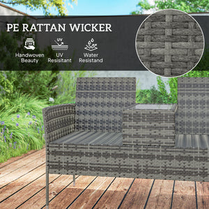 2 Seat Rattan Garden Bench, Patio Wicker Chair with Glass Tea Table, Outdoor Love Seat with Padded Cushions, for Garden, Porch, Charcoal Grey/Grey
