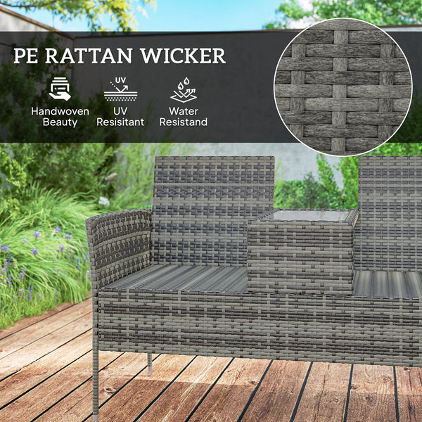 2 Seat Rattan Garden Bench, Patio Wicker Chair with Glass Tea Table, Outdoor Love Seat with Padded Cushions, for Garden, Porch, Charcoal Grey/Grey