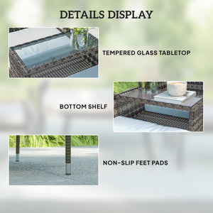 2 Seat Rattan Garden Bench, Patio Wicker Chair with Glass Tea Table, Outdoor Love Seat with Padded Cushions, for Garden, Porch, Charcoal Grey/Grey